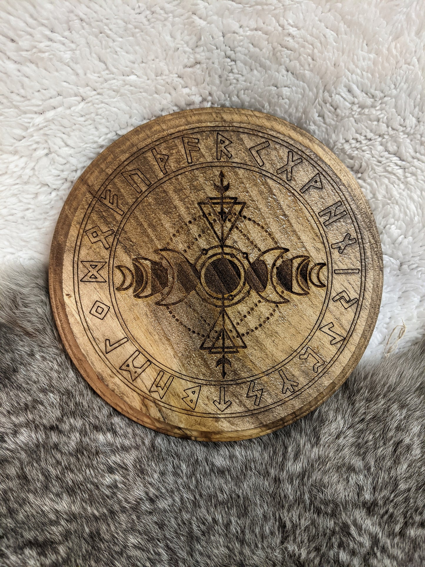 Moon Phase Rune Circle Wood Hanging or Altar Plate Elder Futhark Asatru Heathen Norse Pagan Art