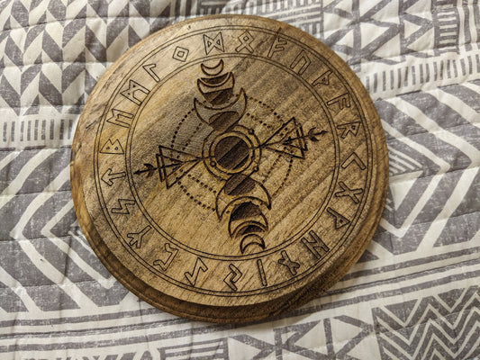 Moon Phase Rune Circle Wood Hanging or Altar Plate Elder Futhark Asatru Heathen Norse Pagan Art