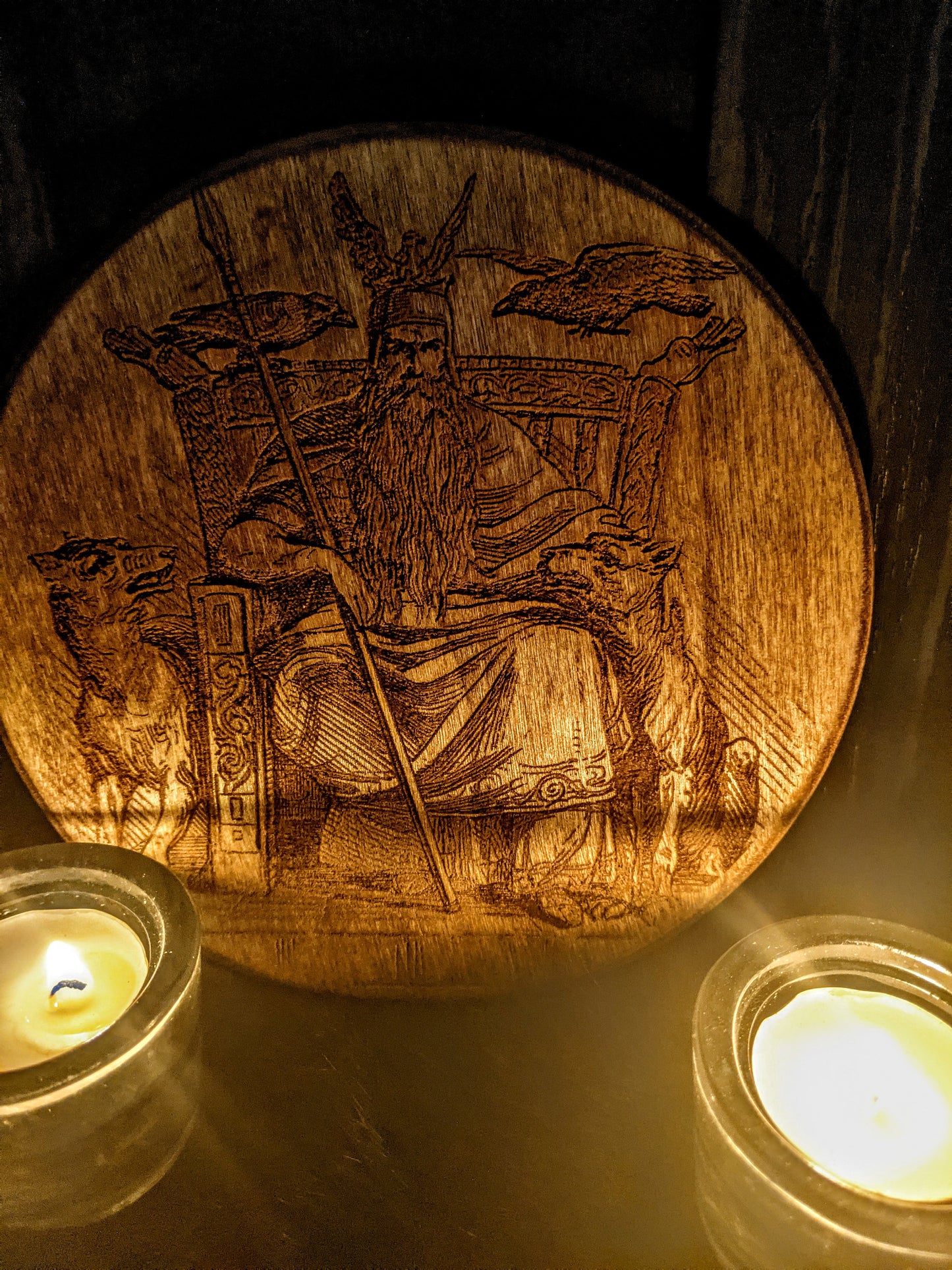 Odin Freki Geri Wolves Altar Plate Art Engraving Heathen Asatru Norse Pagan Decor