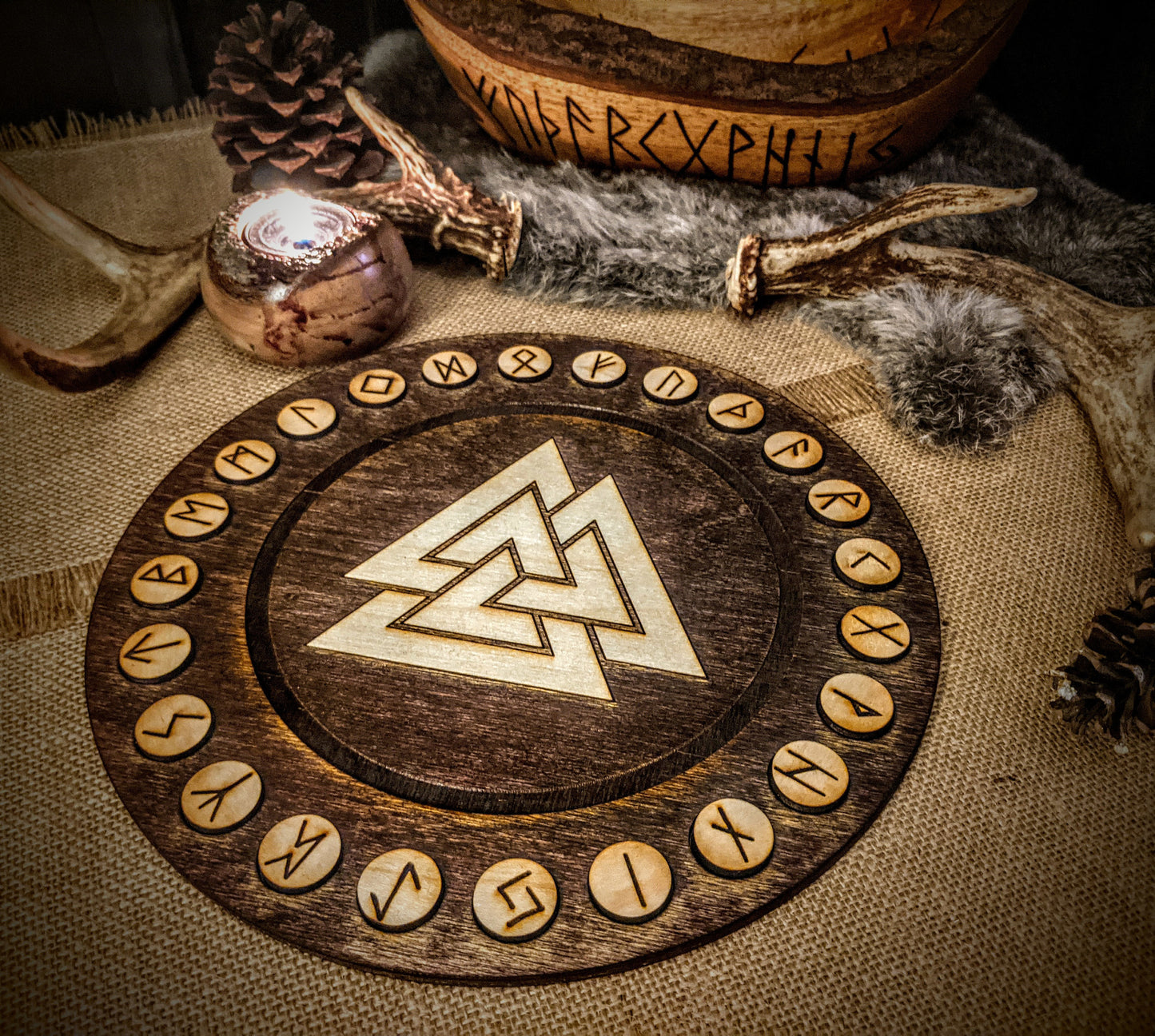 Round Birch Rune Set With Valknut Tray Recessed Rune Storage Altar Plate Casting