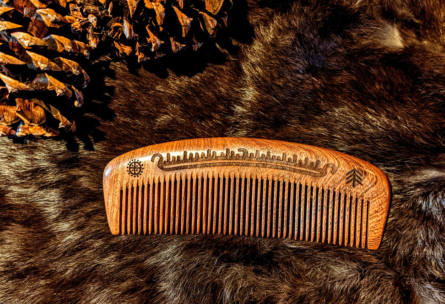 Large Black Sandalwood Viking Comb Drakkar Sun Wheel Medium Tooth Hair Beard 6"