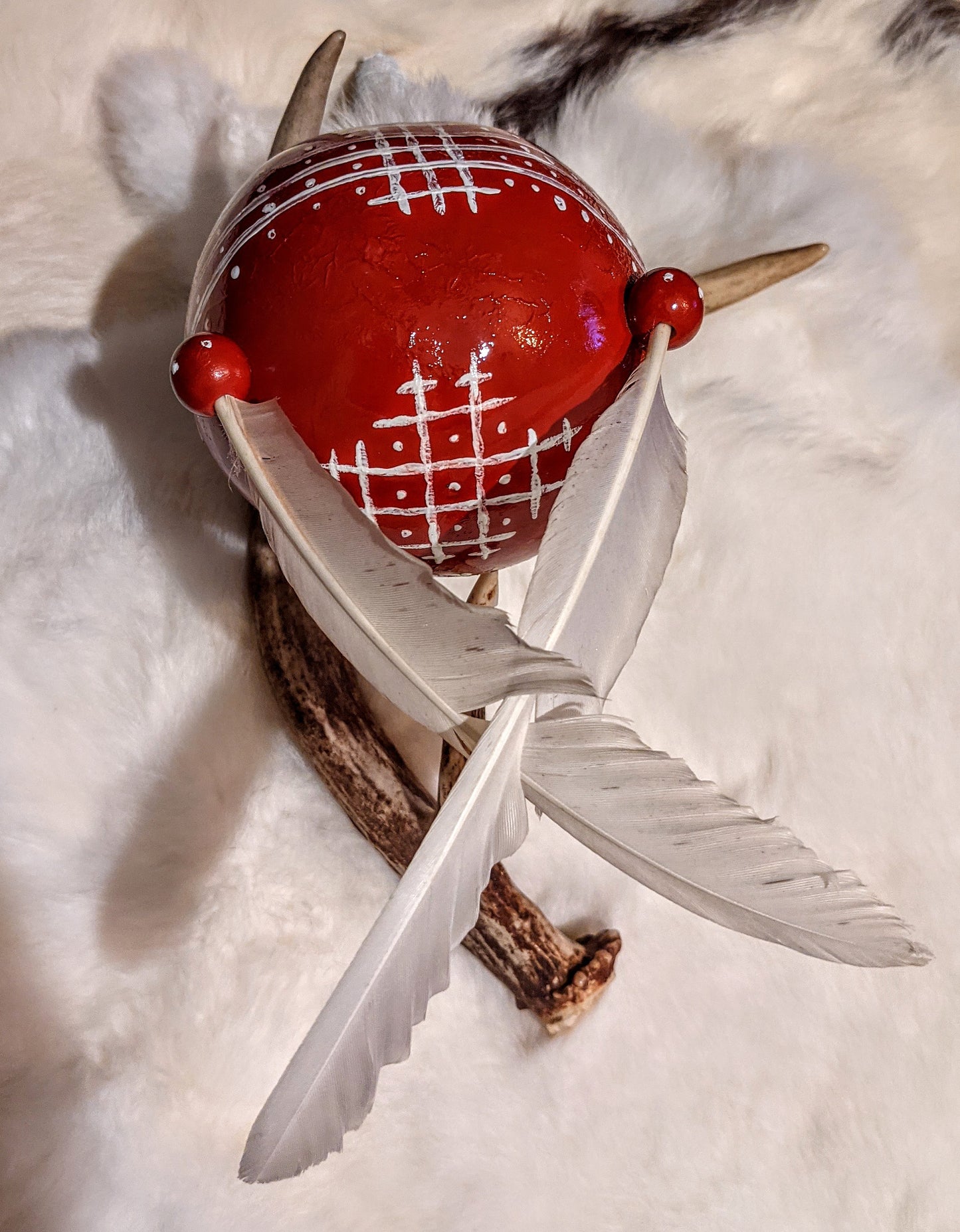 White Rabbit Fur Feather Shaman Rattle Norse Pagan Red Gourd