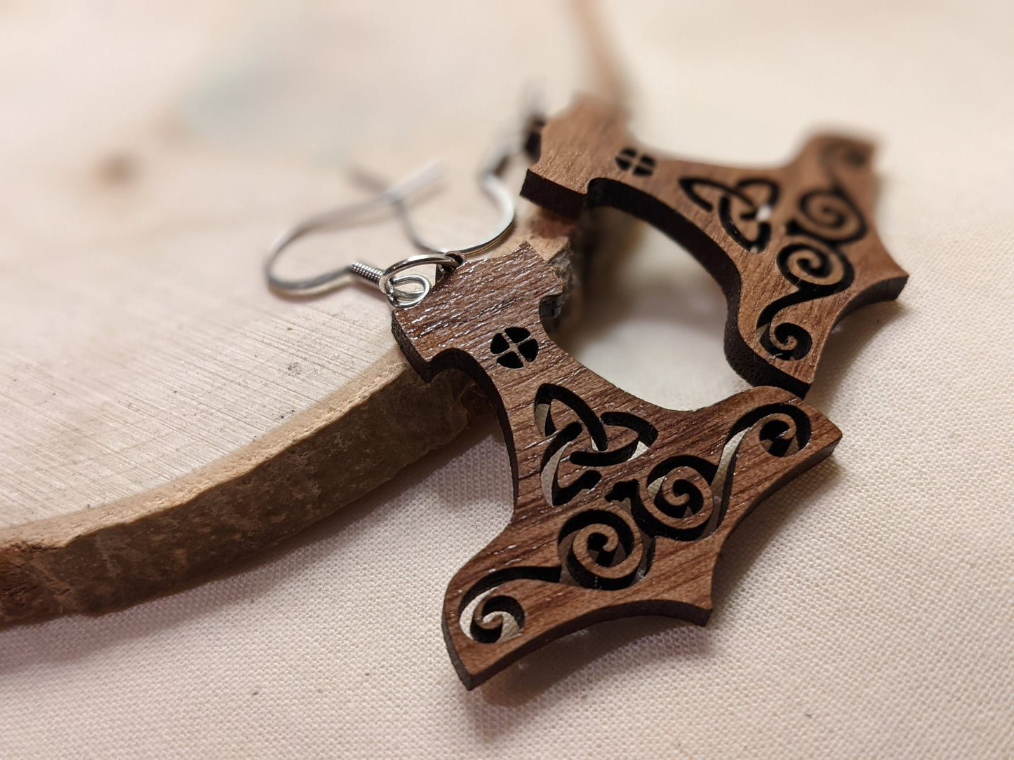 Walnut Wood Mjolnir Earrings Thor's Hammer Heathen Asatru Norse Pagan Jewelry