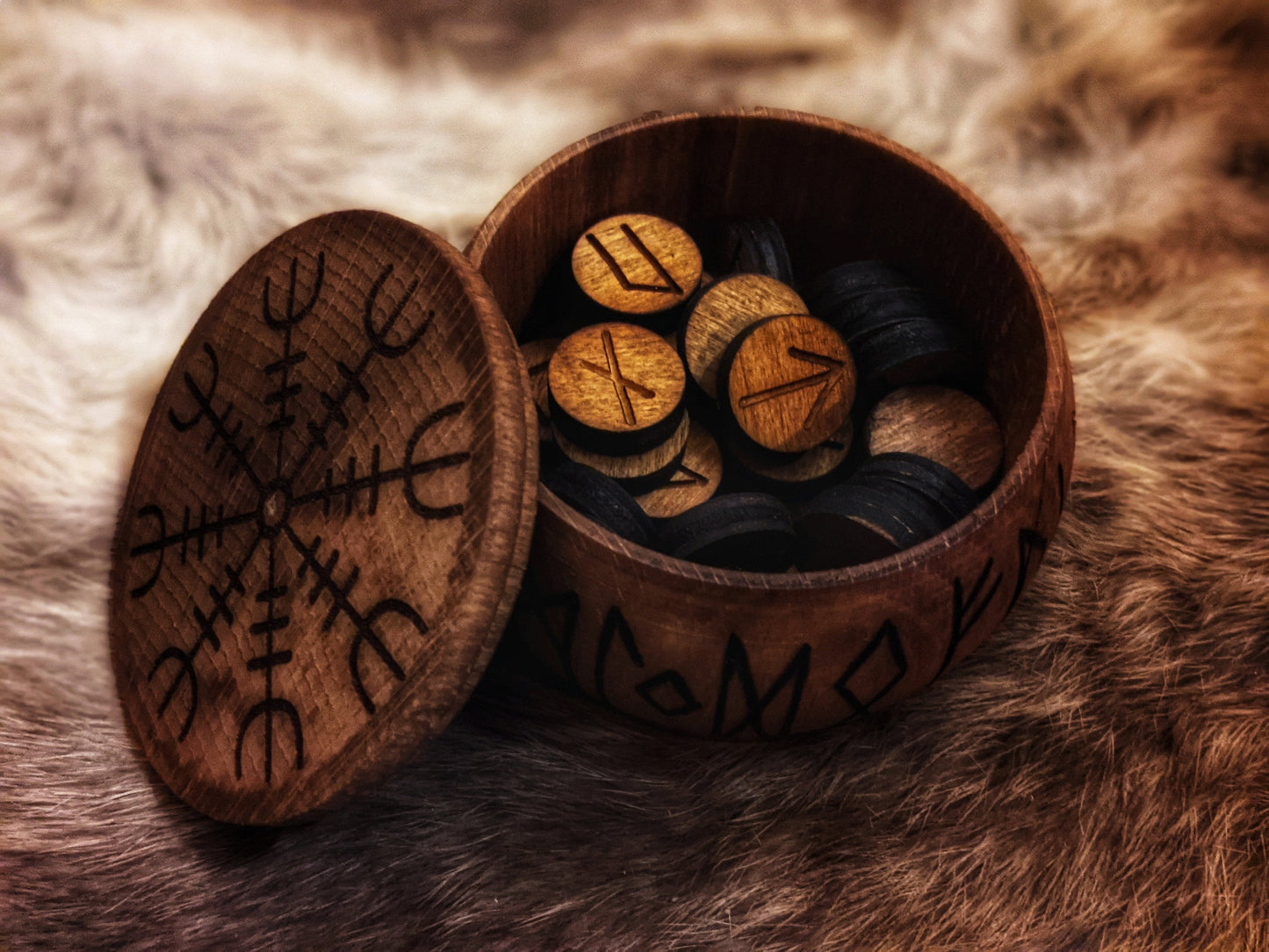 Solid Alder Wood Box of 24 Dark Wood Runes Round Small Mini Rune Set