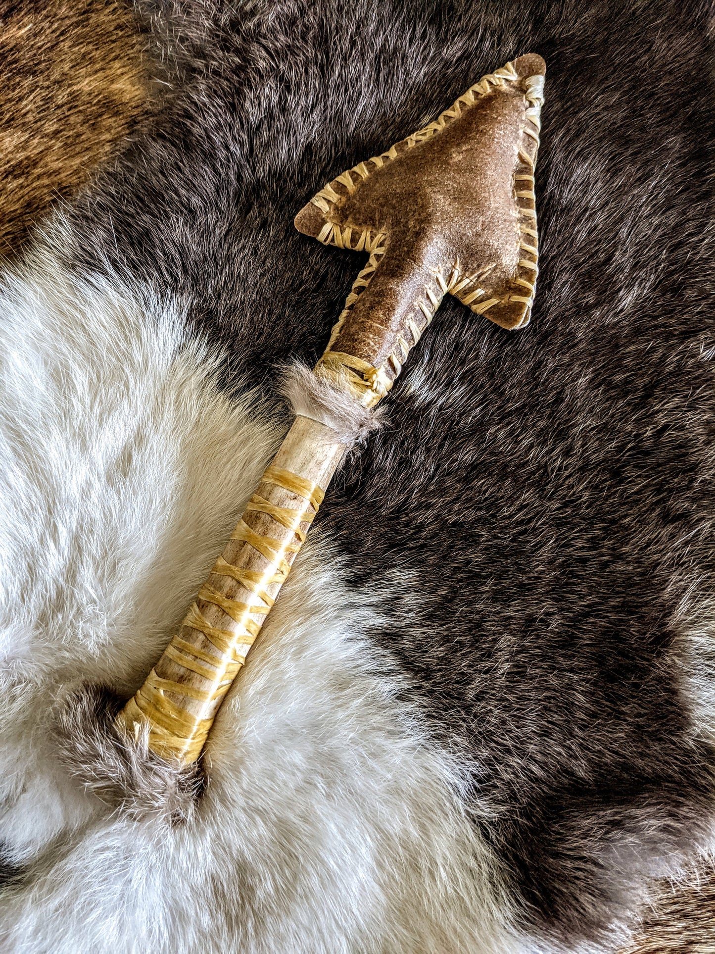 Deer Hide & Bone Arrow Spear Paleo Norse Shaman Rattle Hand Sewn Fur