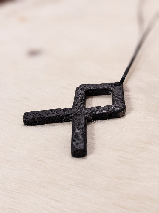 Lava Rock Othala Pendant | Black Sinew Cord