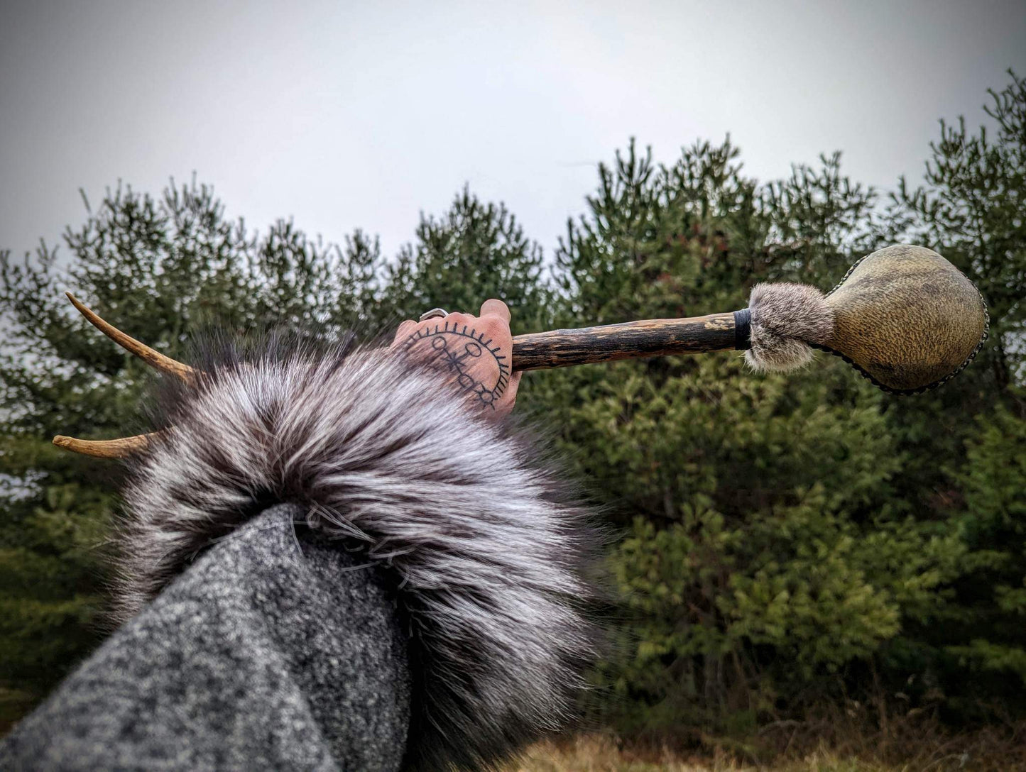 Grárbjörn "Grey Bear" Bear Hide Shaman Rattle with Rabbit Fur and Deer Antler