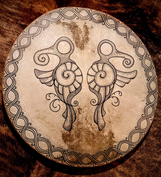 30 Inch Goat Hide Hugin Munin Raven Drum | Pre-Viking Age Art | Norse Pagan Shaman Drum