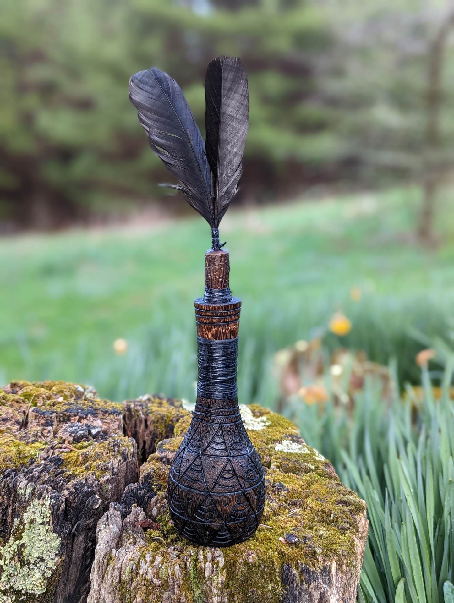 European Crow Feather Shaman Rattle | Hand Carved Wood