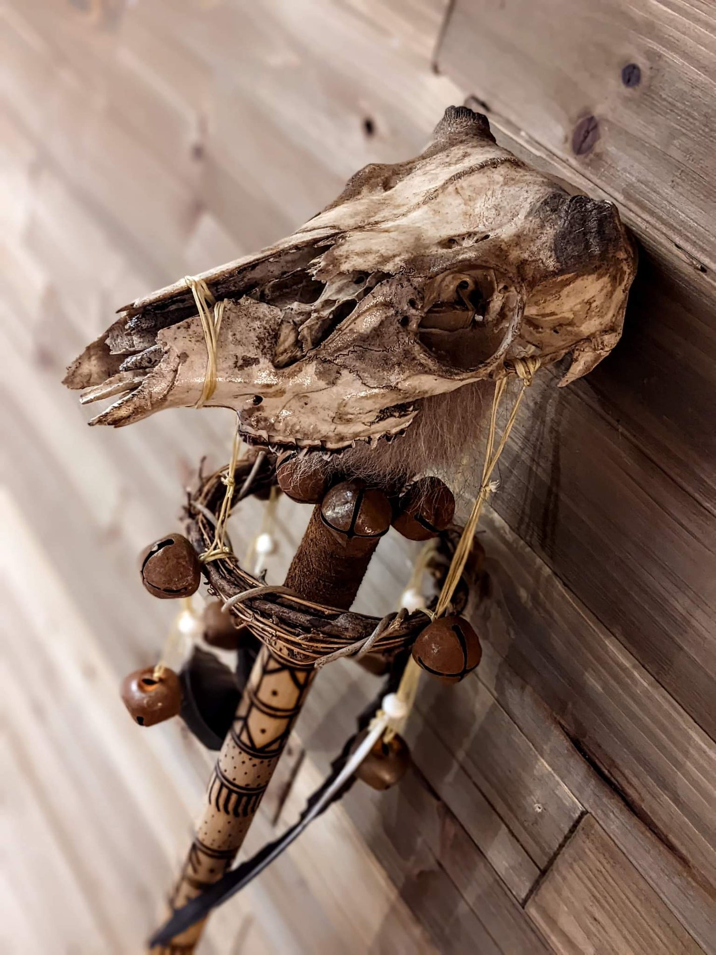 Deer Skull Ritual Runic Formula Staff | Elk Bone | Crow Feather