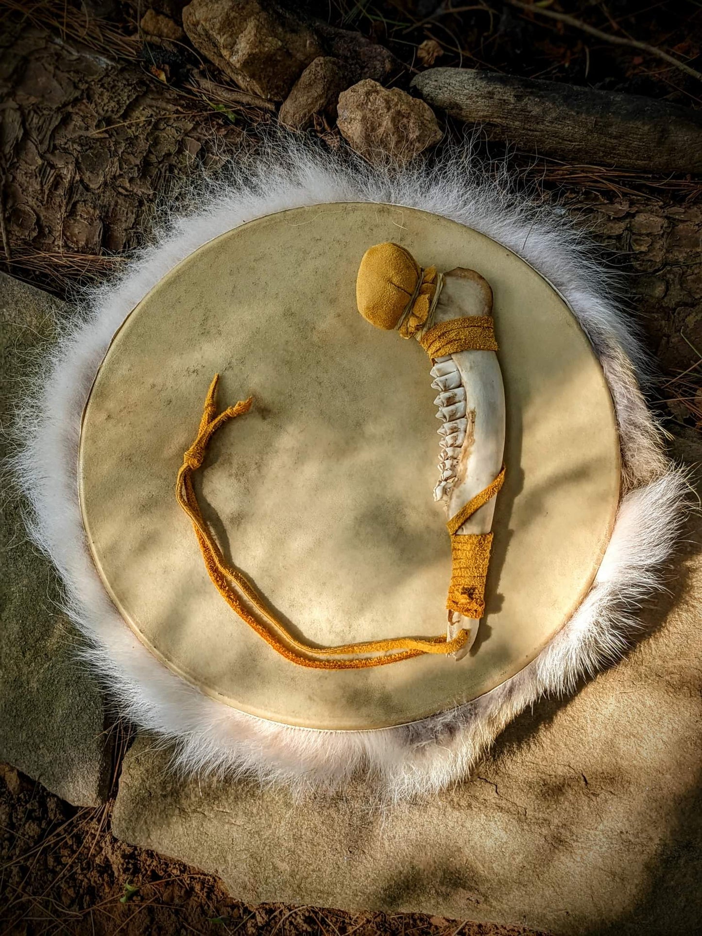 12 Inch Deer Skin Coyote Fur Shaman Drum with Deer Jaw Bone Beater