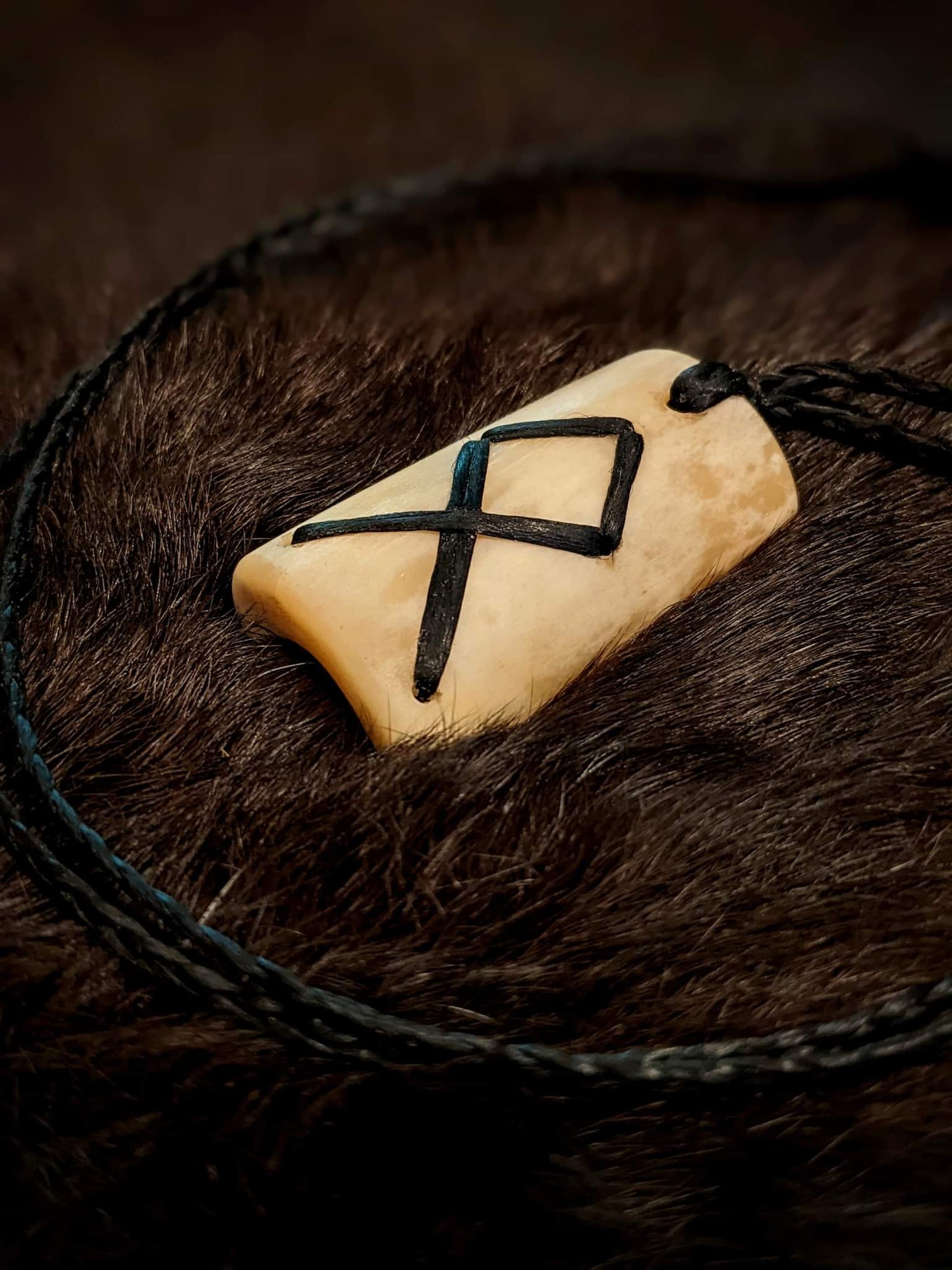 Othala Elk Bone Pendant | Braided Black Sinew Cord