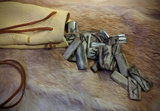 Deer Rib Rune Set in Elk Leather Medicine Bag | Wearable Neck Pouch | Rune Bag