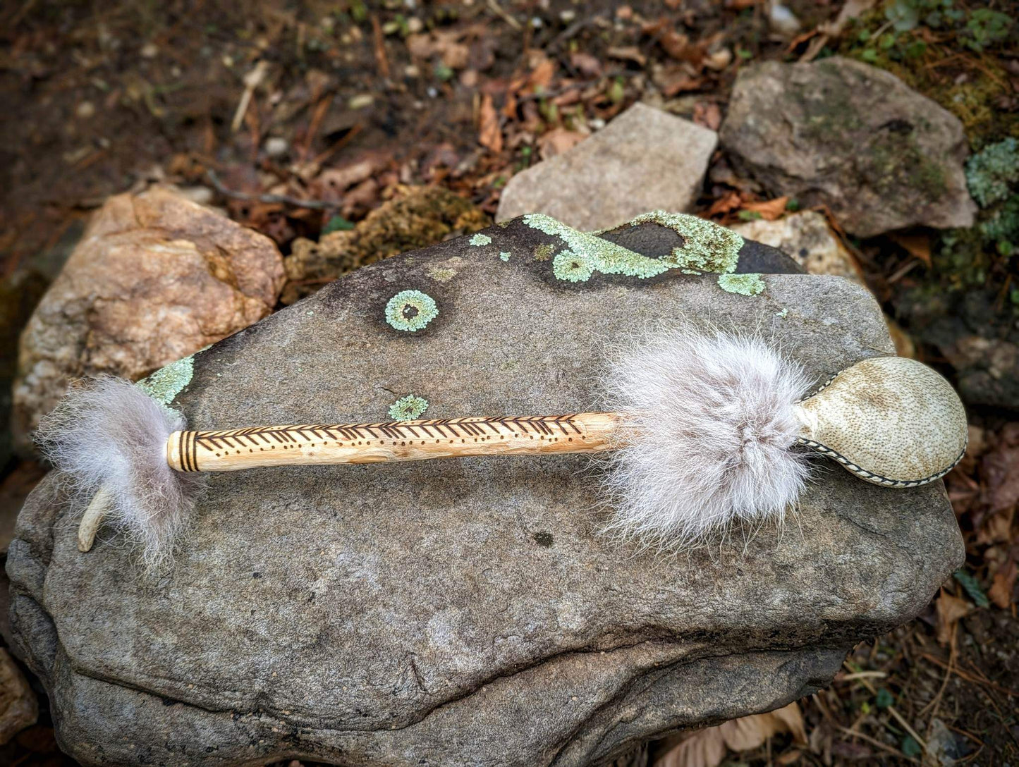 Bear Hide Shaman Rattle with Wolf Fur and Deer Antler