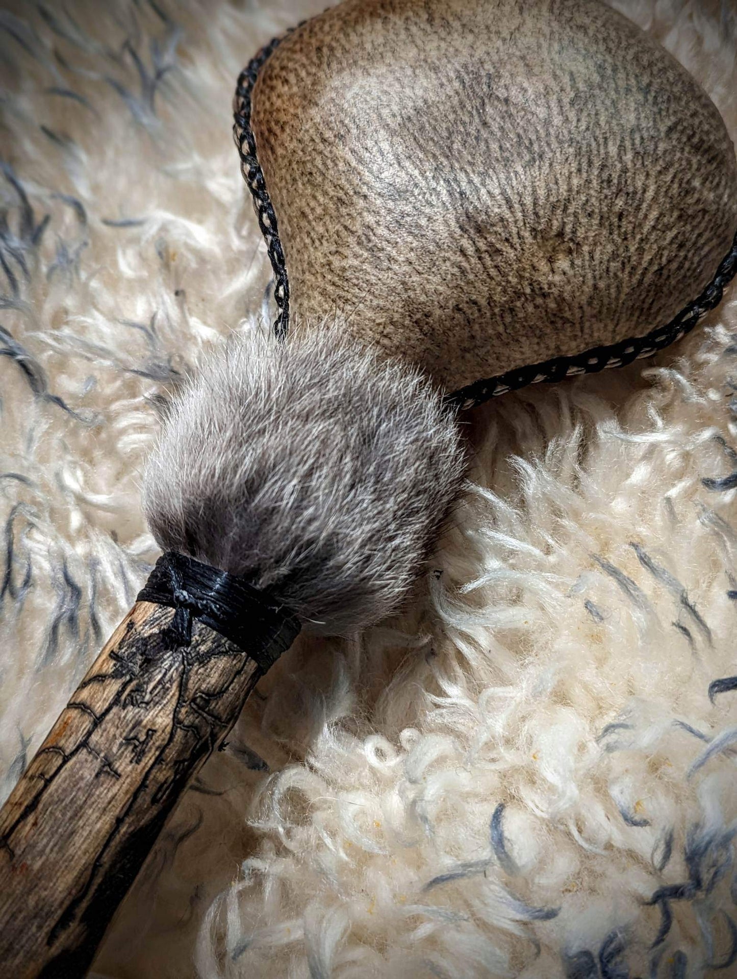 Grárbjörn "Grey Bear" Bear Hide Shaman Rattle with Rabbit Fur and Deer Antler