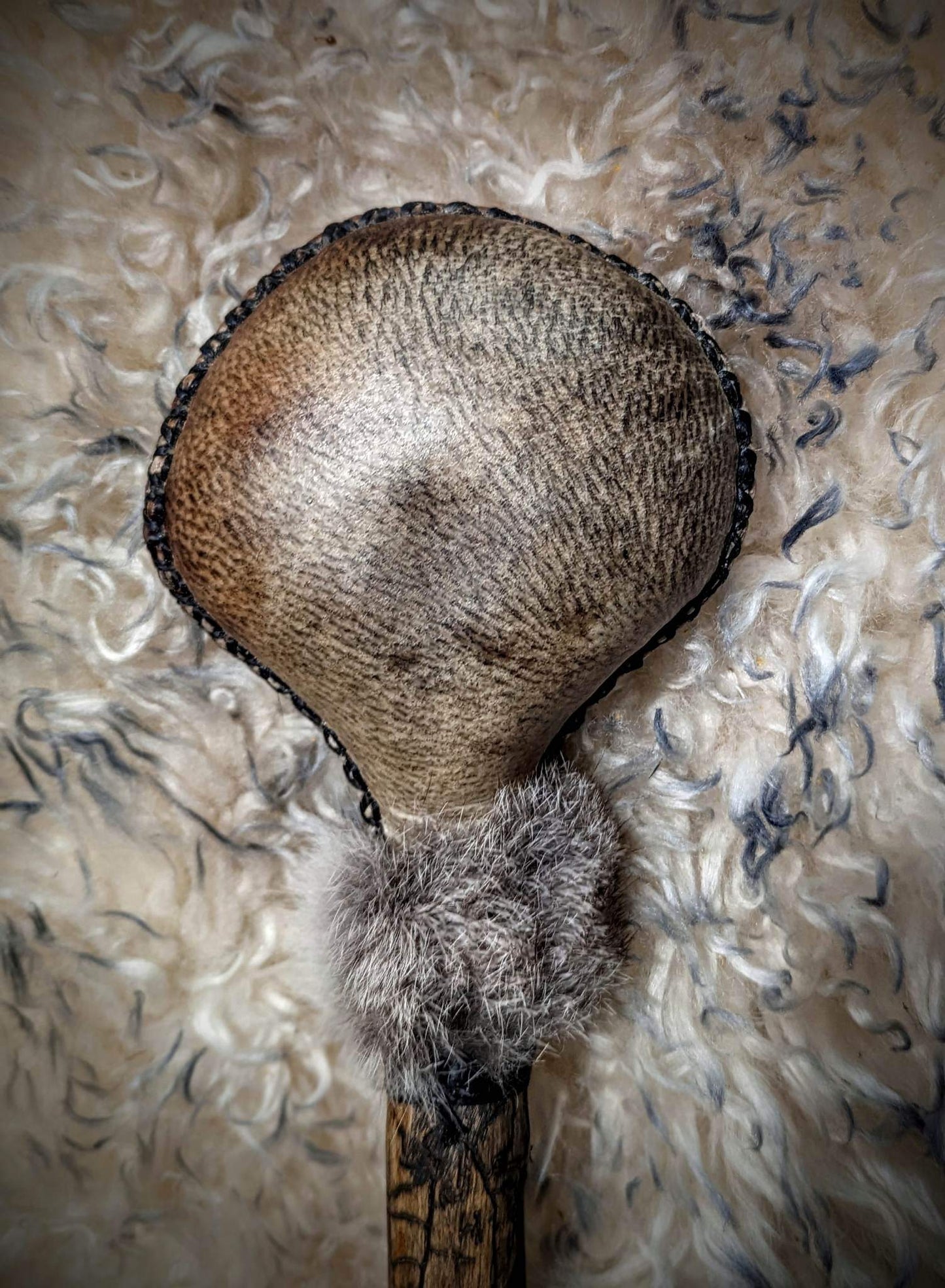 Grárbjörn "Grey Bear" Bear Hide Shaman Rattle with Rabbit Fur and Deer Antler