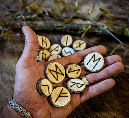 Hand Carved Cherry Elder Futhark Rune Set