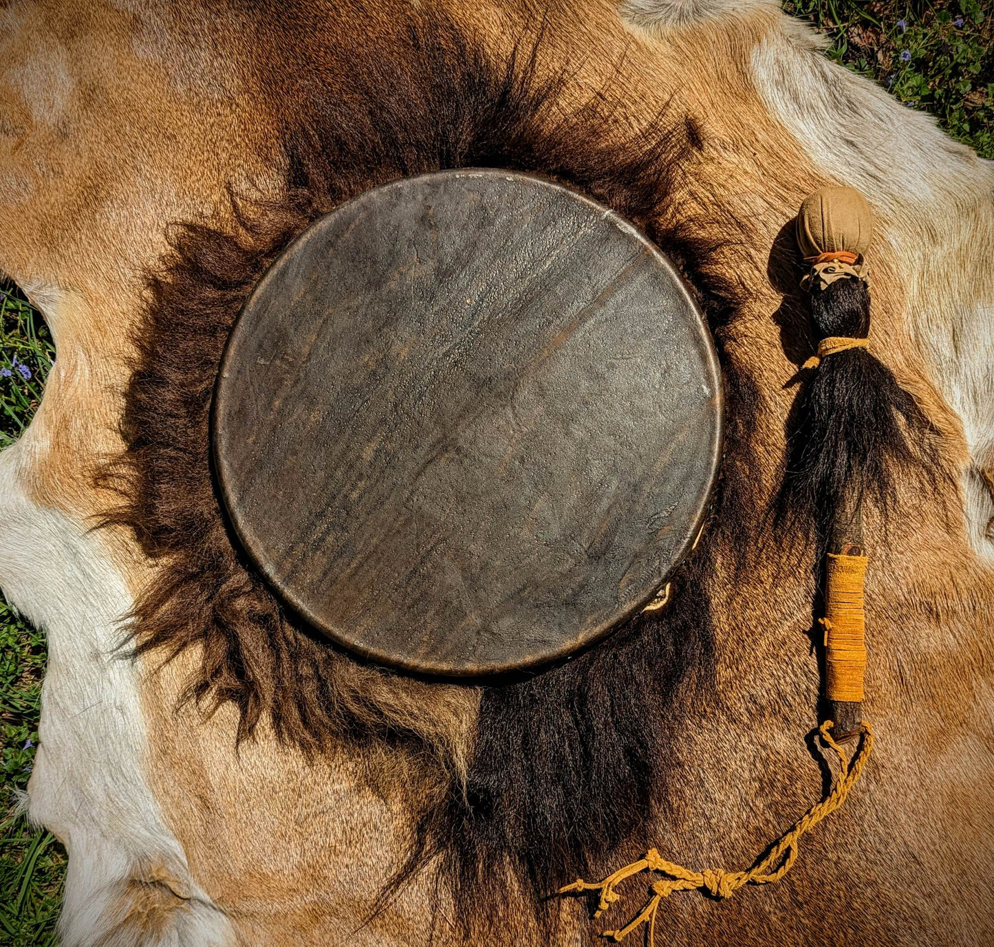 Bison Hair And Hide Thick 14 Inch Ceremonial Drum and Beater