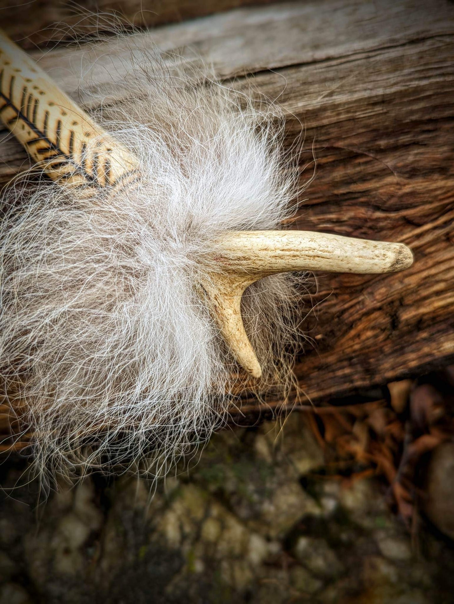 Bear Hide Shaman Rattle with Wolf Fur and Deer Antler
