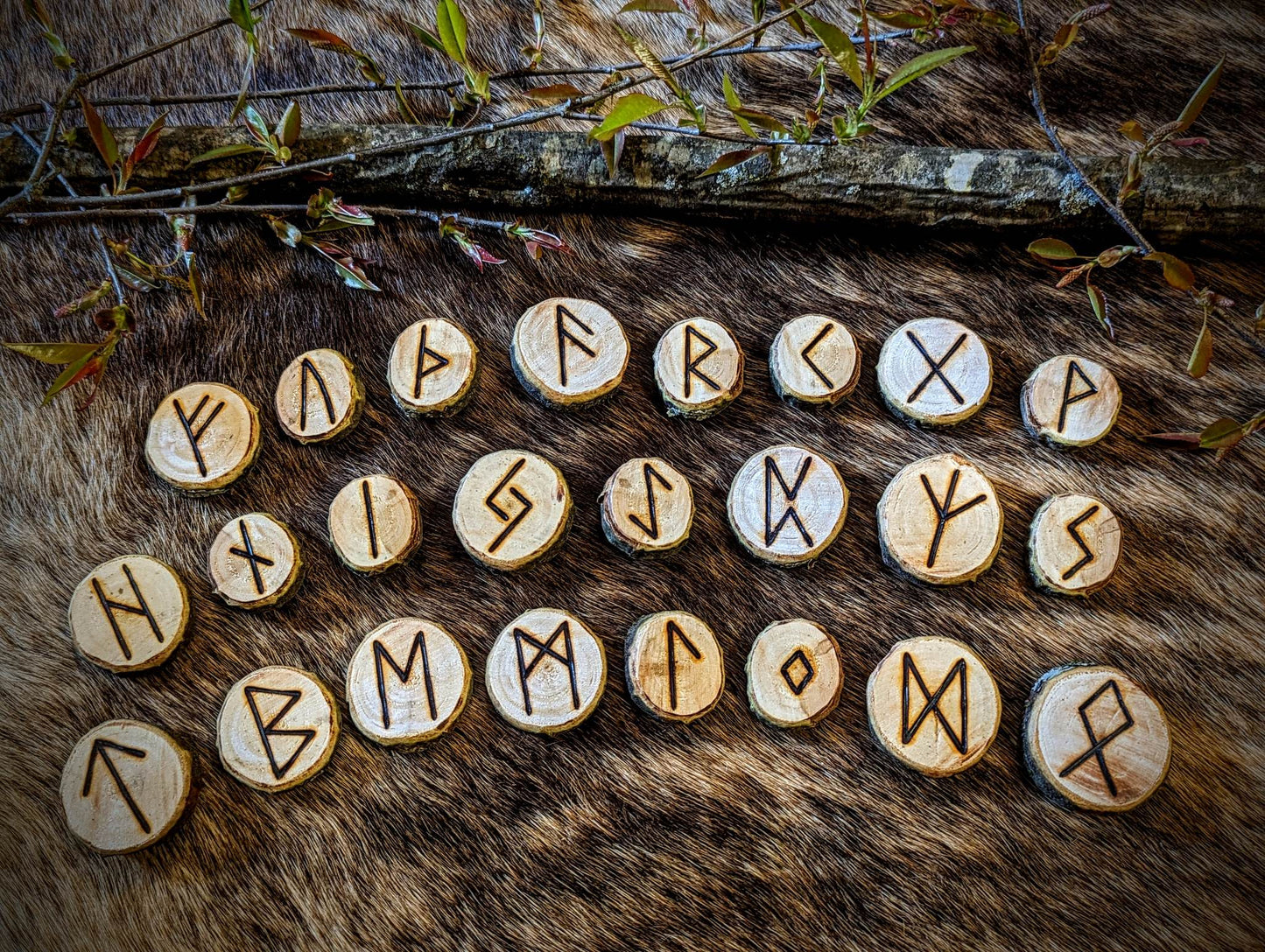 Hand Carved Cherry Elder Futhark Rune Set