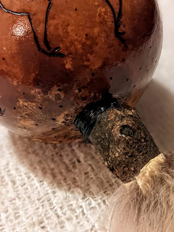 Elk Gourd Rattle | Hand Burned Art | Fox Fur | Holly Branch Handle